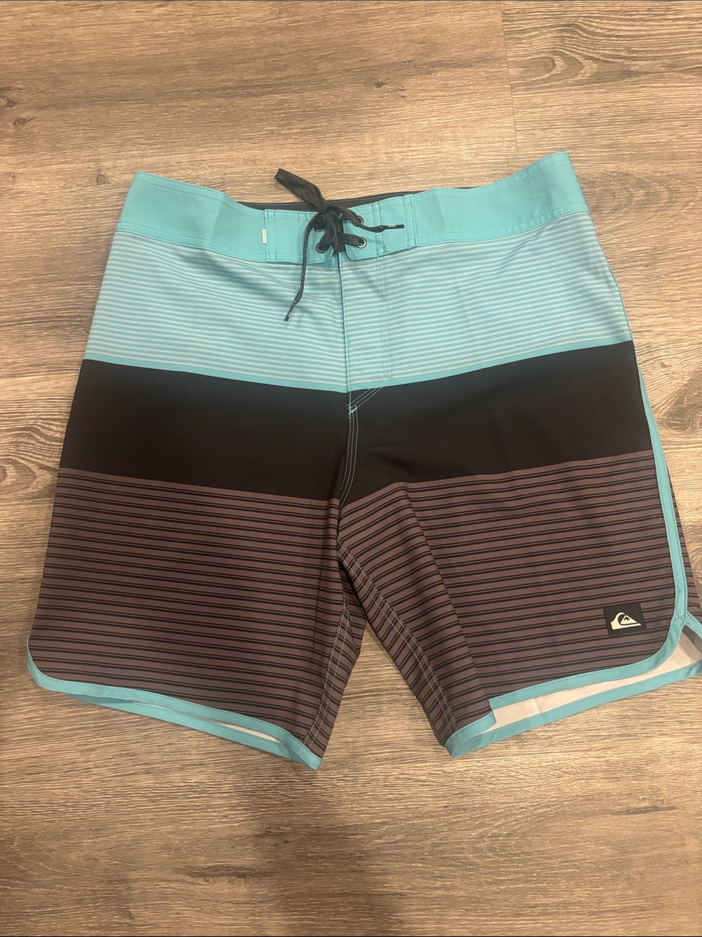 Quiksilver Men’s Aqua, Black & Brown Stripe Board Shorts